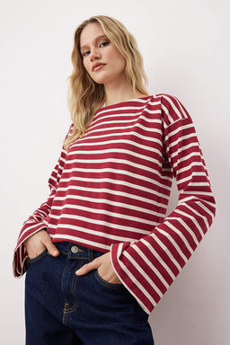 Bordo Kal?n Pamuklu Cizgili Regular/Normal Kal?p OrmeT-Shirt TWOAW26TS00001