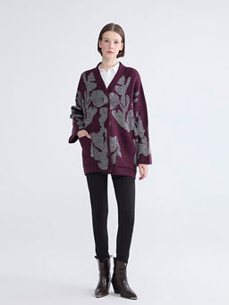 V Yaka Desenli Oversize Kad?n Triko H?rka