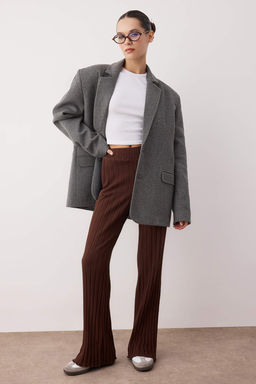 Kahverengi Flare/Ispanyol Paca Yuksek Bel Esnek Orme Pantolon TWOAW26PL00098