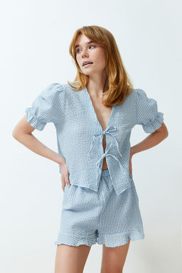 Trendyolmilla Mavi Dokulu Potikareli Baglama/Kurdele/Fiyonk Detayl? Sortlu Dokuma Pijama Tak?m? THMSS24PT00149  фото 12