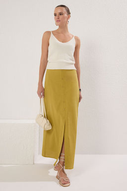 TRENDYOLMILLA Yag Yesili Dugme Detayl? Y?rtmacl? Keten Gorunumlu Astarl? Maxi Dokuma Etek TWOSS25ET00123