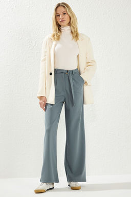 TRENDYOLMILLA Siyah Kemerli Wideleg/Genis Paca Yuksek Bel Smart Krep Kumas Orme Pantolon TWOSS23PL00330