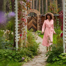 Халат вафельный женский удлинённый Экономь и Я размер 42-44, цвет пудра, 100% хлопок, 200 г/м²