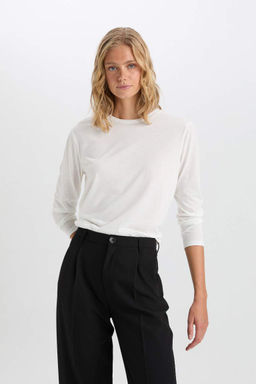 Женская обычная посадка с круглым вырезом, базовая простая повседневная футболка с длинными рукавами