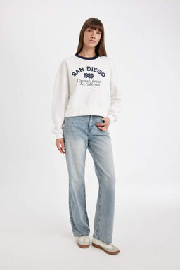 Толстая повседневная толстовка с принтом свободного кроя и круглым вырезом - Defacto фото 2