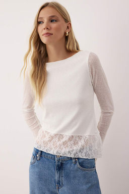 Ekru Kopuk Dantel Detayl? Kay?k Yaka Esnek Orme Bluz TWOAW26BZ00212 - Trendyolmilla фото 2