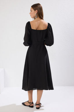 TRENDYOLMILLA Ekru Kusakl? Midi Dugmeli Kare Yaka Dokuma Keten Gorunumlu Elbise TWOSS19IE0009  фото 4