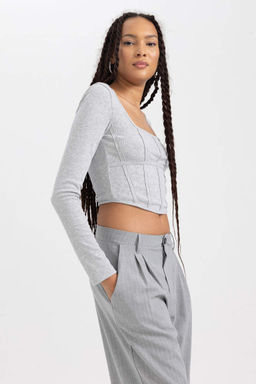 Приталенная футболка с длинными рукавами и круглым вырезом в рубчик - Defacto фото 7