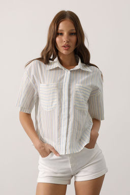 Ekru Yumusak Tuseli Cizgili K?sa Kollu Gomlek TWOAW26GO00076 - Trendyolmilla фото 6