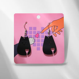 Серьги акриловые «Котик» с сердечком, чёрные в серебре