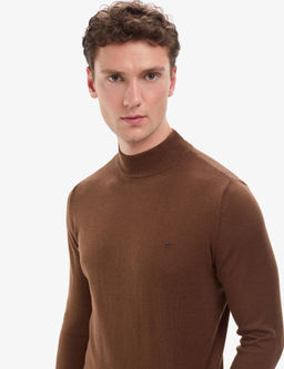 Koyu Kahverengi Slim Fit Yar_m Bal_k__ Yaka Basic Triko Kazak