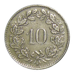Монета 10 раппенов 1943 года Швейцария