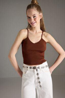 Kiremit Cizgili Basic Triko Ince Bluz TWOSS24BZ00147