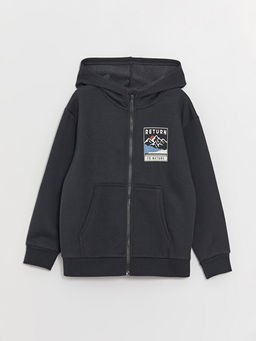 Kap??onlu Bask?l? Uzun Kollu Erkek ?ocuk Fermuarl? Sweatshirt