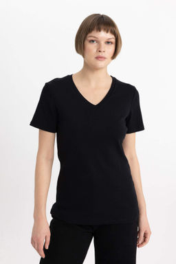 Slim Fit Dar Kesim V Yaka Ribana Basic Duz %100 Pamuk K?sa Kollu Tisort - Defacto фото 2