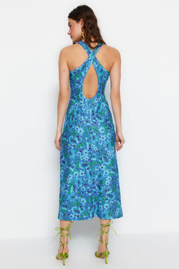 Mavi S?rt Detayl? Cicek Bask?l? Bodycone/Vucuda Oturan Midi Esnek Orme Kalem Elbise TWOSS23EL02311 - Trendyolmilla фото 4