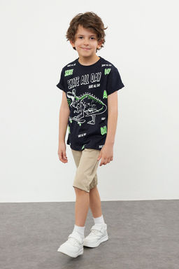 Lacivert Erkek Cocuk Bask?l? Orme T-Shirt TKDSS24TS00026
