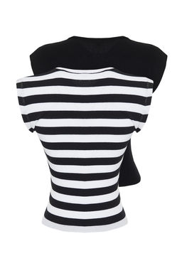 Siyah-Cok Renkli 2li Paket Cizgili ve Duz Fitilli Crop Ay Kol Esnek Orme Bluz TWOSS24BZ00367 - Trendyolmilla фото 8