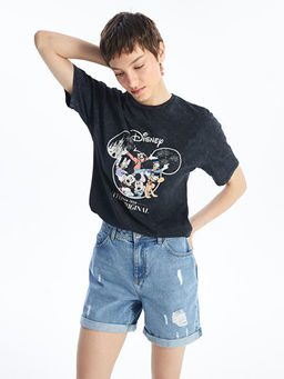 Bisiklet Yaka Mickey ve Arkada?lar? Bask?l? K?sa Kollu Kad?n Ti??rt