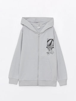 Kap??onlu Bask?l? Uzun Kollu Erkek ?ocuk Fermuarl? Sweatshirt
