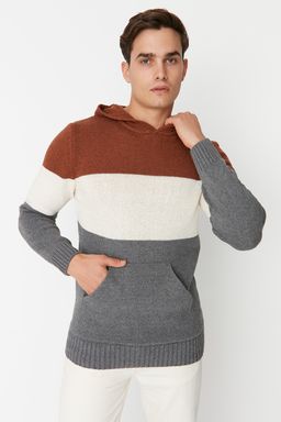 TRENDYOL MAN Kiremit Regular Fit Yunlu Kapusonlu Renk Bloklu Triko Kazak TMNAW22KZ0822