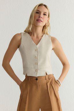 TRENDYOLMILLA Ac?k Haki Fitted Keten Gorunumlu V Yaka Crop Dokuma Yelek TWOSS25YE00028