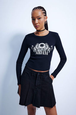 Nirvana Приталенная футболка с круглым вырезом в рубчик и длинными рукавами - Defacto фото 2