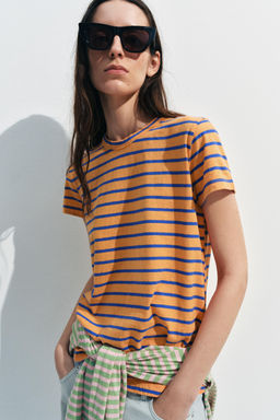 CAMISETA RAYAS ALGOD?N Y LINO / Naranja