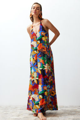 Cicek Desenli Dokuma S?rt Dekolteli Maxi Plaj Elbise TBESS24EL00022