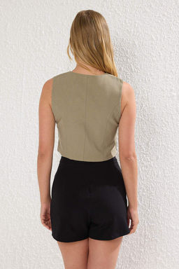 Haki Fitted Keten Gorunumlu Kruvaze Kapamal? Crop Yelek TWOSS25YE00122