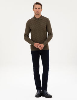 Koyu Haki Slim Fit Polo Yaka Fermuarl_ Triko Kazak - Pierre cardin фото 4
