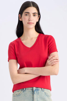 Slim Fit Dar Kesim V Yaka Ribana Basic Duz %100 Pamuk K?sa Kollu Tisort - Defacto фото 10