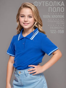 Футболка детская Поло, кор. рукав, цвет Васильковый, пике карде, 100% х/б