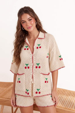 Ekru Triko Oversize Kiraz Motifli 100% Pamuk Plaj Gomlek Sort Tak?m TBESS26AU00009 - Trendyolmilla фото 2