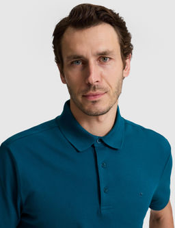 Petrol Mavi Slim Fit Pamuk Kar___ml_ D__meli Polo Yaka Basic T-shirt