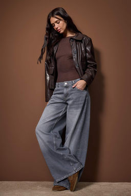 Gri Dusuk Bel Ekstra Wide Leg Jeans TWOAW26JE00308