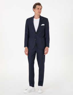 Lacivert Ex. Slim Fit Y_n Kar___ml_ Ekose Tak_m Elbise