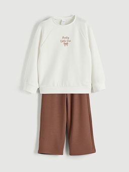 Bask?l? K?z ?ocuk Sweatshirt ve Pantolon 2li