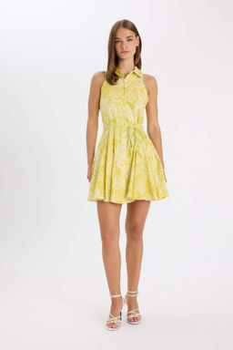 Мини-платье без рукавов из вуали с принтом и V-образным вырезом - Defacto фото 2