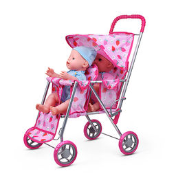 Коляска для кукол, для двойни, металлическая, складная, цвет клубнички на розовом