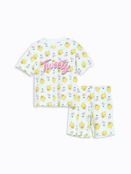 Bisiklet Yaka Tweety Bask?l? K?z ?ocuk ?ortlu Pijama Tak?m?