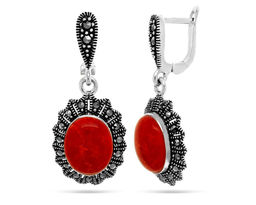 Серьги из серебра коралл, марказит, SL-AGA64
