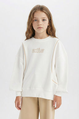 Oversize Geni_ Kal_p Bisiklet Yaka Bask_l_ Sweatshirt K_z _ocuk