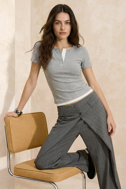 Gri melanj Renk Bloklu Fitted/Vucuda Oturan K?sa Kollu Yumusak Orme Bluz TWOSS26BZ00099