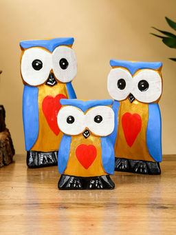 Набор сувенирный Совята с сердечком, h=15 см, h=13 см, h=11 см, дерево, голубой с золотом