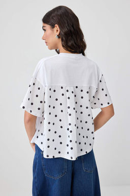 Ekru Relaxed Puantiye Detayl_ %100 Pamuk D___k Kol Crop _rme T-Shirt TWOSS26TS00368 - Trendyolmilla фото 4