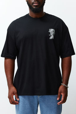 TRENDYOL MAN Buyuk Beden Siyah Oversize/Genis Kesim Uzak Dogu Bask?l? %100 Pamuklu T-shirt TMNSS24BF00032 - Trendyolmilla фото 5