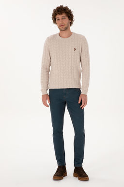 Erkek Slim Fit Bisiklet Yaka Desenli Ta_ Melanj Kazak