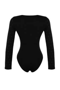 Siyah Parlak Tas Bask?l? Pamuklu Uzun Kol Esnek Alttan C?tc?tl? Orme Body TWOAW24BD00059
