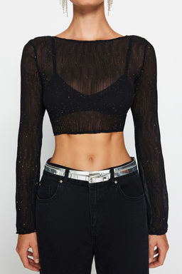 Trendyolmilla Siyah Par?lt?l? S?rt Detayl? Bluz TPRAW24BZ00004  фото 4